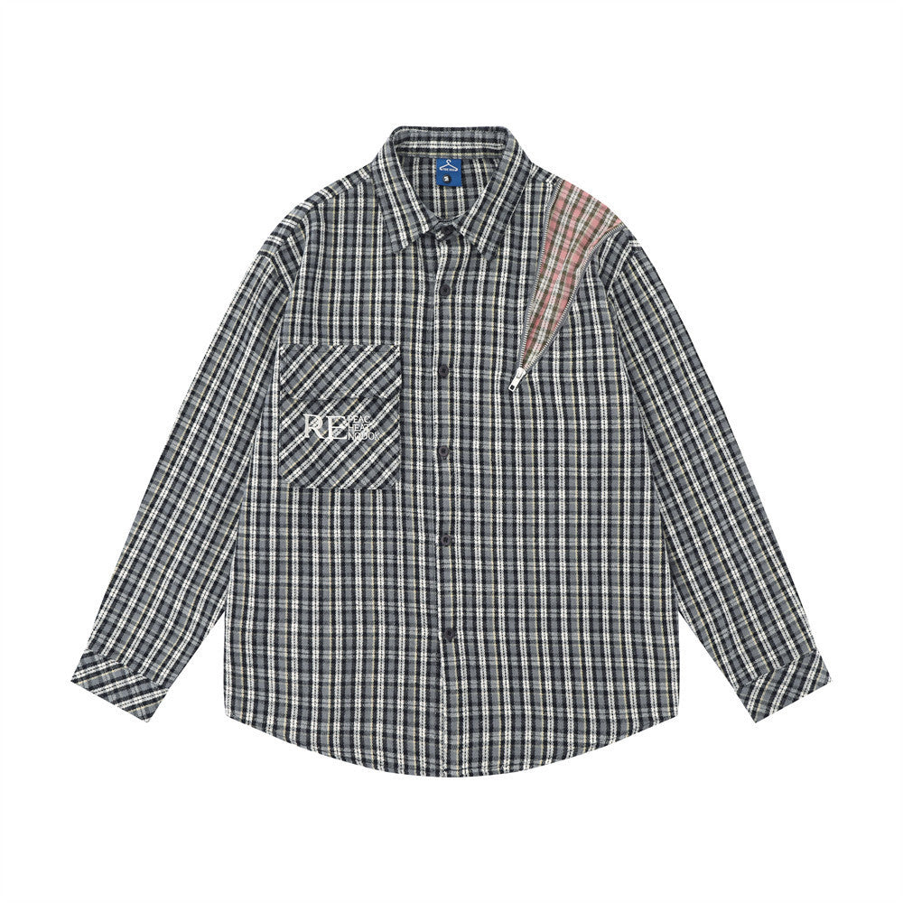 Embroidered Pocket Plaid Long Sleeve Shirt Men