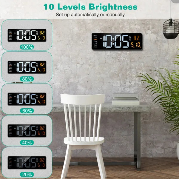15.7in LED Digital Wall Clock With Remote Control 10 Level Brightness 3 Alarm Settings 12 24Hr Format Timing Countdown Temperature Calendar Display