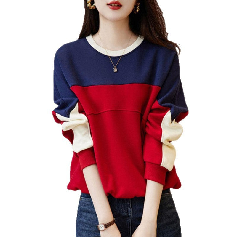 Stitching Contrast Color Round Neck Fashionable Sweater Loose
