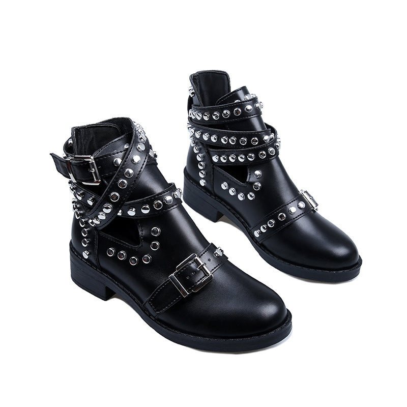 Chunky Heel Rivet Belt Buckle Short Boots