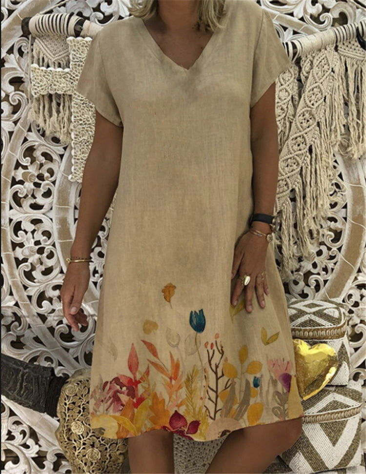 Ladies short sleeve dress loose leaf print