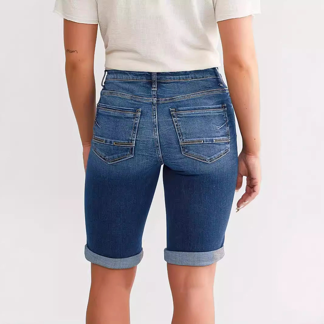 New Women's Slim Fit All-match Foot Button Denim Shorts