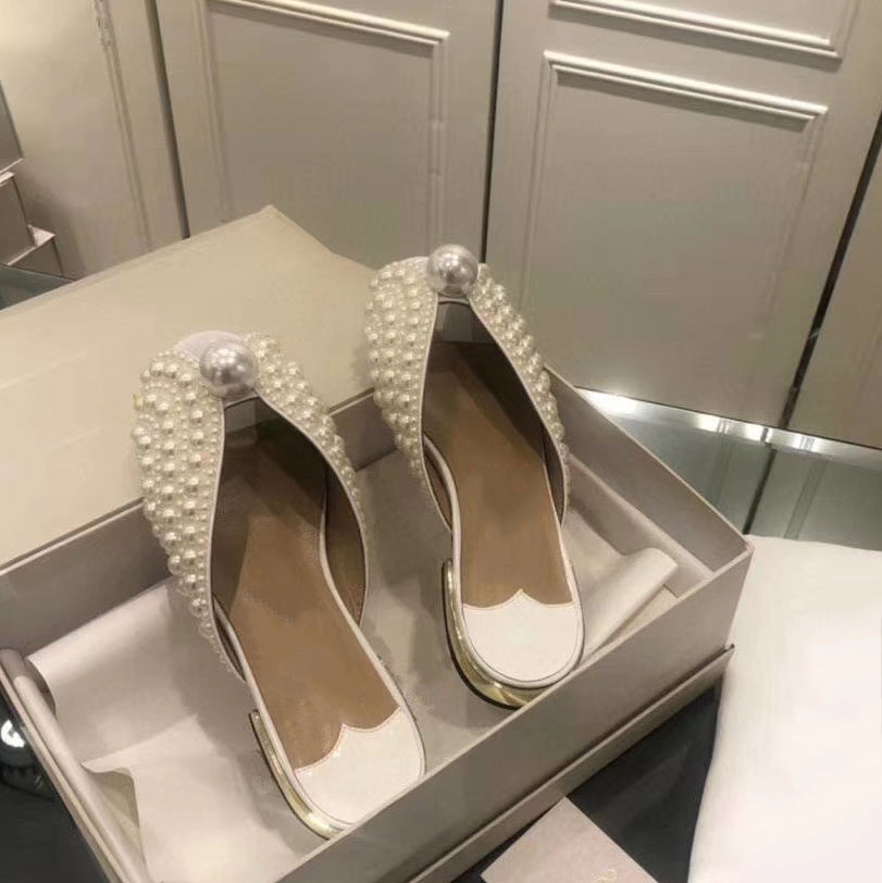 Handmade High-End Custom Pearl Fashion Sandals Fish Mouth Sandals Flat Slippers