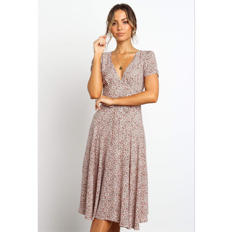Ladies Dress Printed V-neck Short Sleeve Big Sleeve Long Skirt