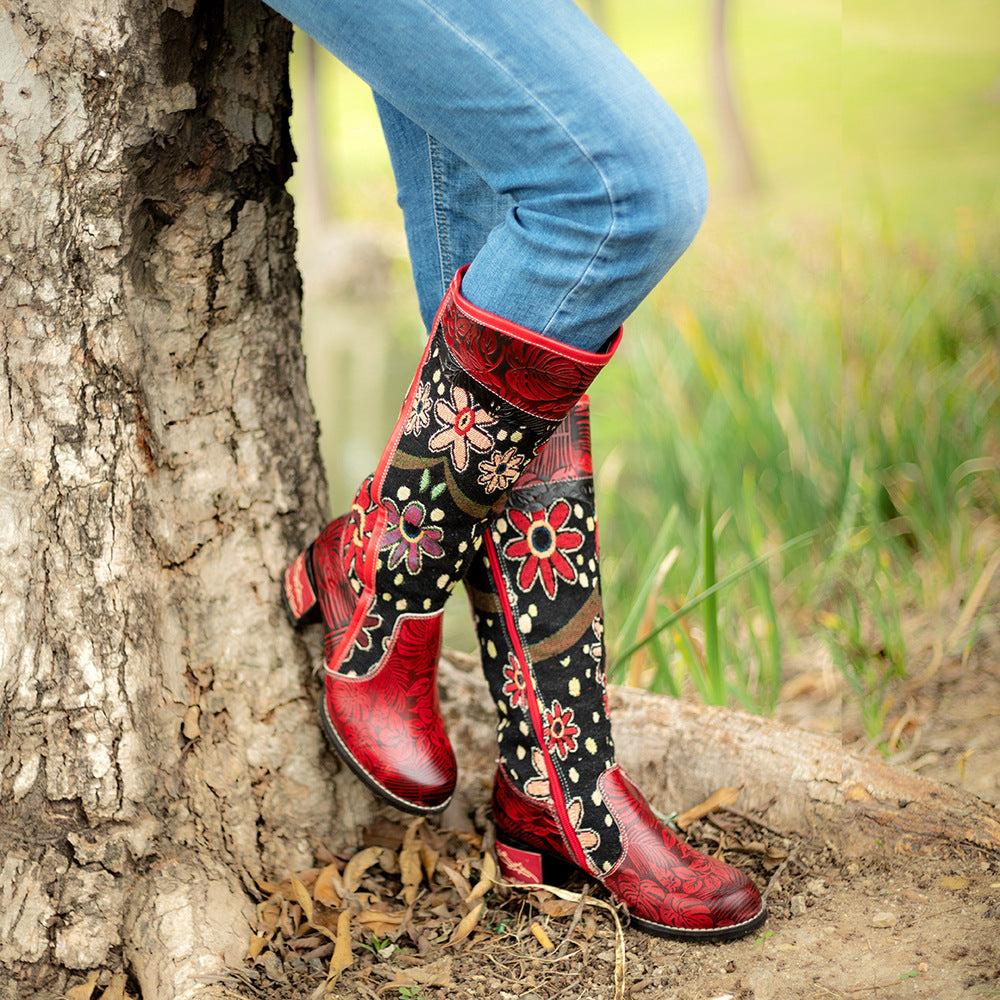 Casual Leather Retro Floral Ethnic Style Women'S Boots Adjustable Knee-Length Women'S Boots High Boots