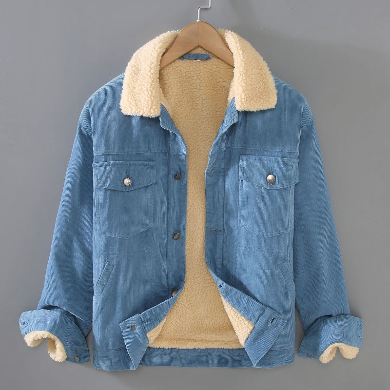 Mens Corduroy Workwear American Retro Lapels Jacket Heavy Imitation Lamb Wool Thickened Cotton-Padded Heritage Labor