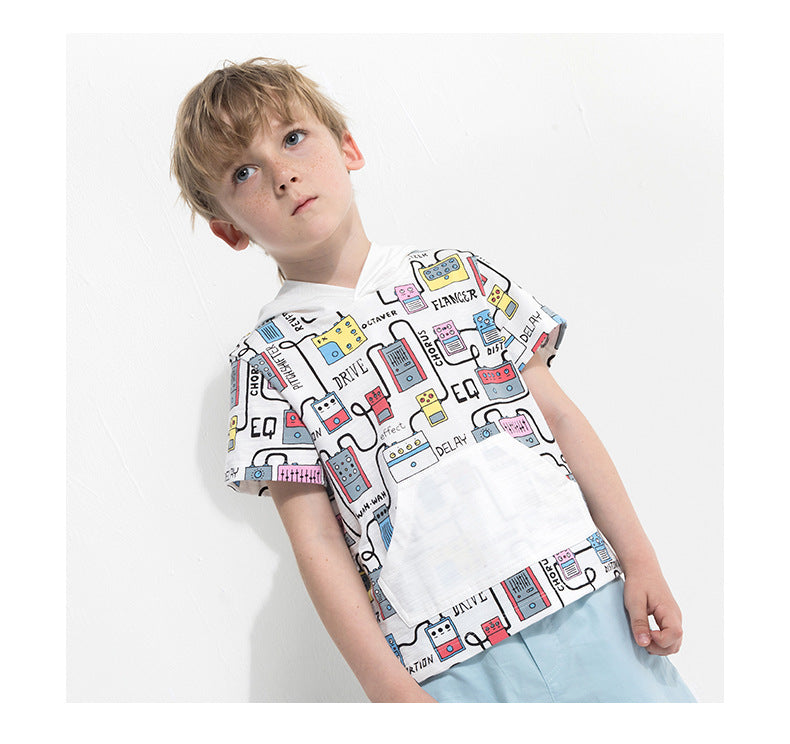 The Hooded Graphic: Cartoon Print Hooded Short-Sleeve T-Shirt