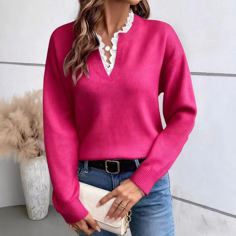 Fashionable Lace V-neck Sweater Solid Color Loose Long Sleeves Knitwear