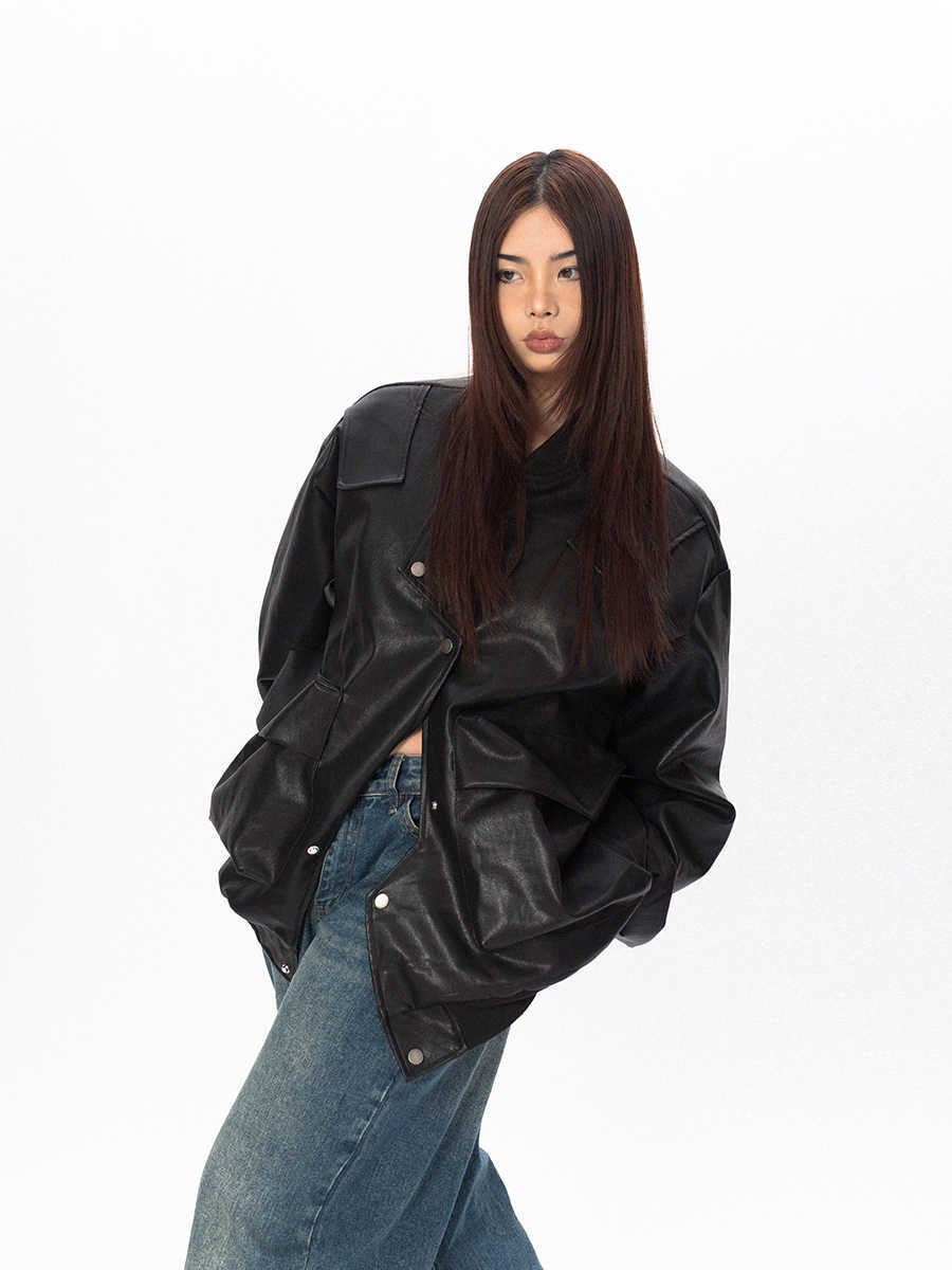 Three-dimensional Pocket Irregular Placket Leather Coat Loose Top