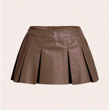 New Bottoms Solid Color PU Leather Pleated Skirt