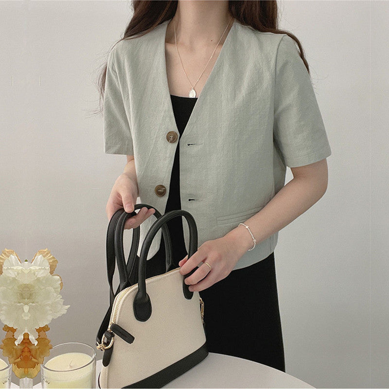 Women's Simple Deep V-neck Cotton Linen Casual Jacket