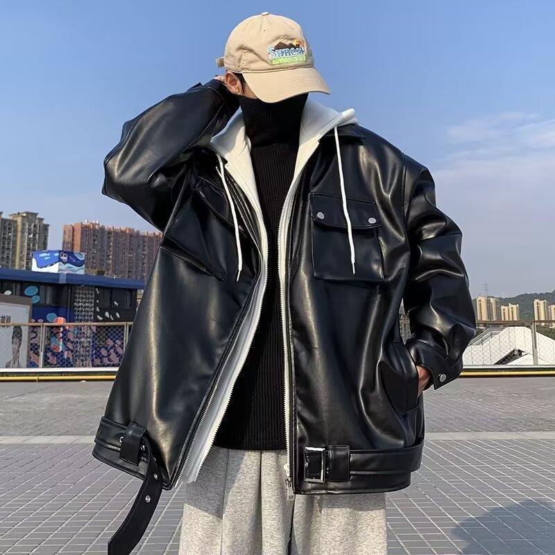 Mens Autumn Winter False-Two-Piece Hooded Jacket Layered Innovation