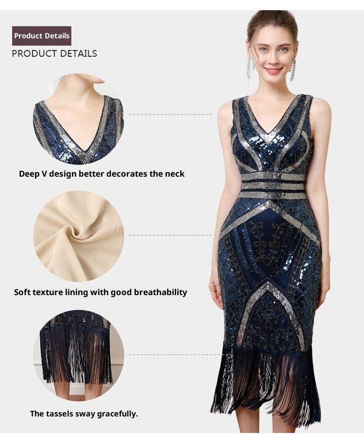 Sexy Sequined Deep V-neck Party Host Performance Wear Cocktail Party Sleeveless Mesh Dress