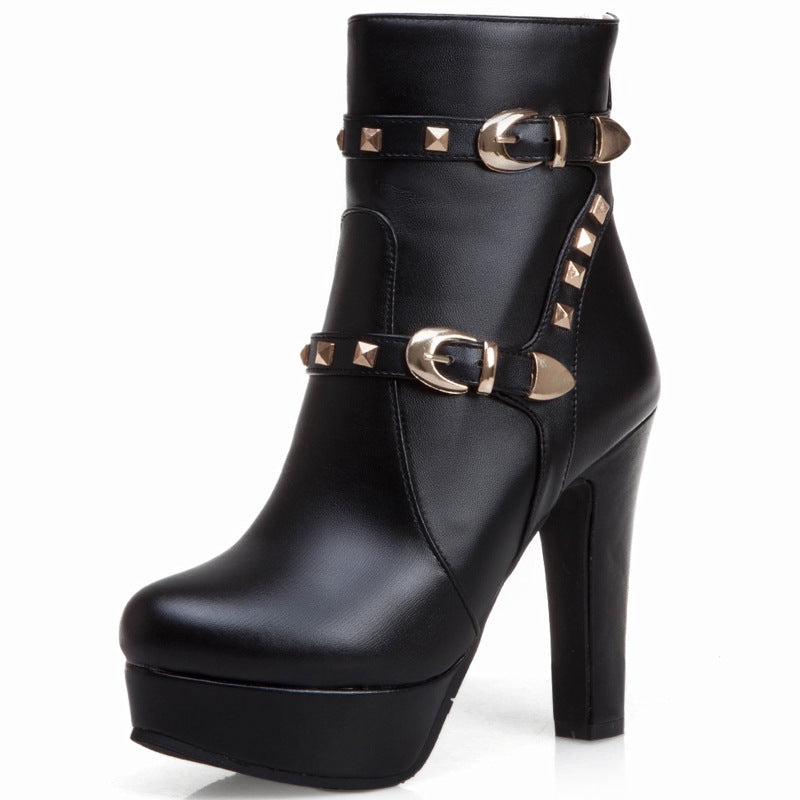 Women's studded thick heel short boots