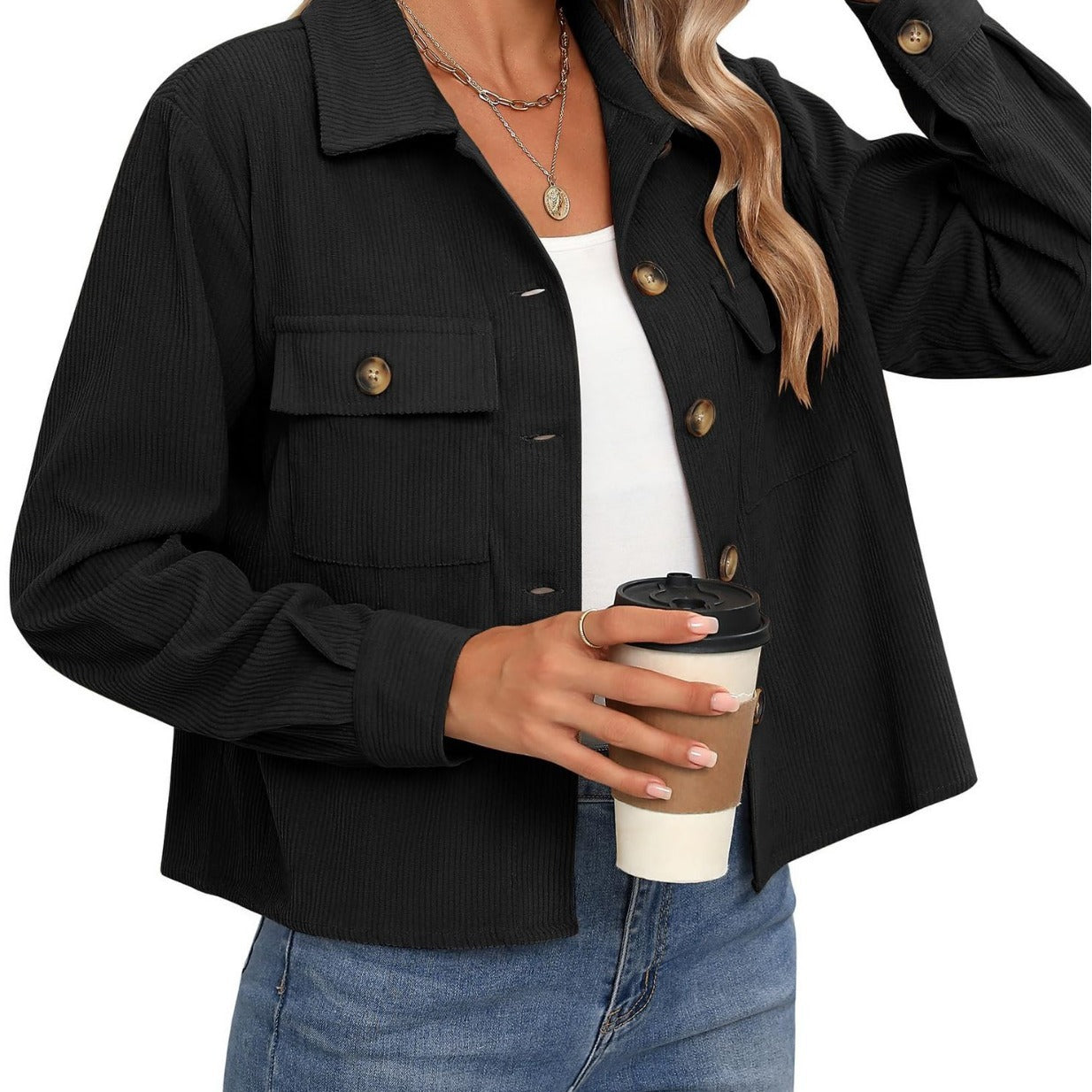 Corduroy Button Cropped Jacket For Women