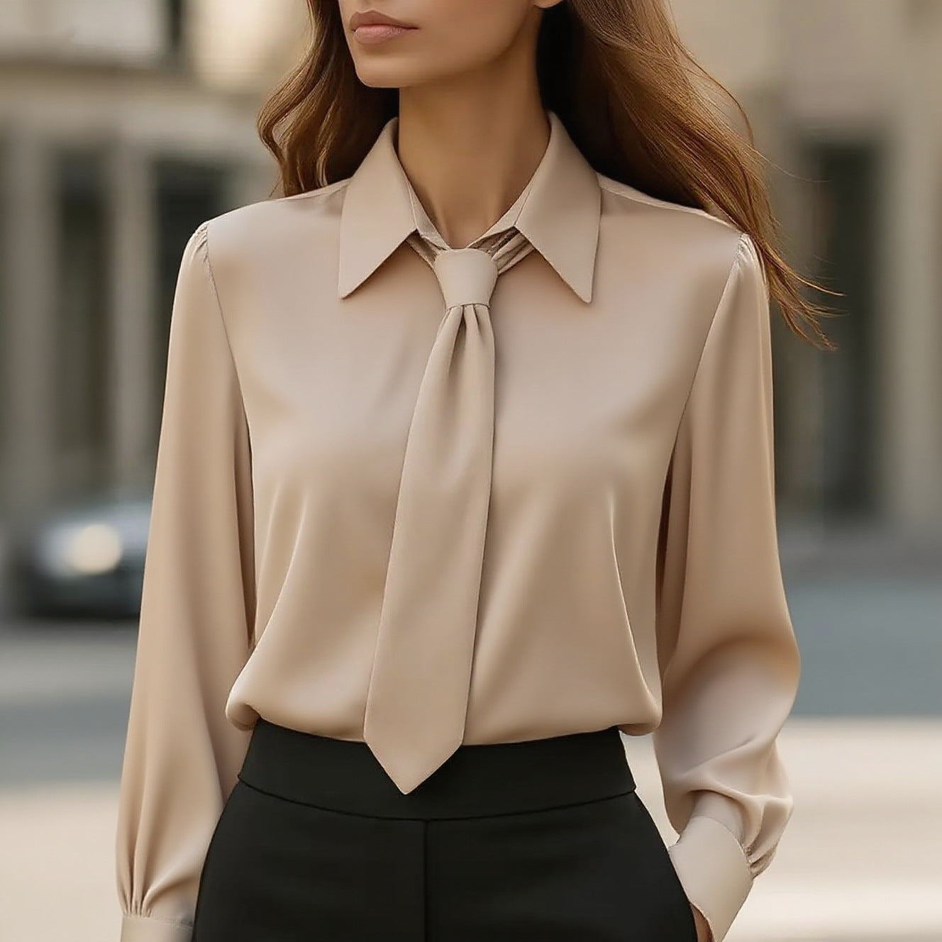 Solid Color Casual Tie Long Sleeve French Shirt Women's Shirt