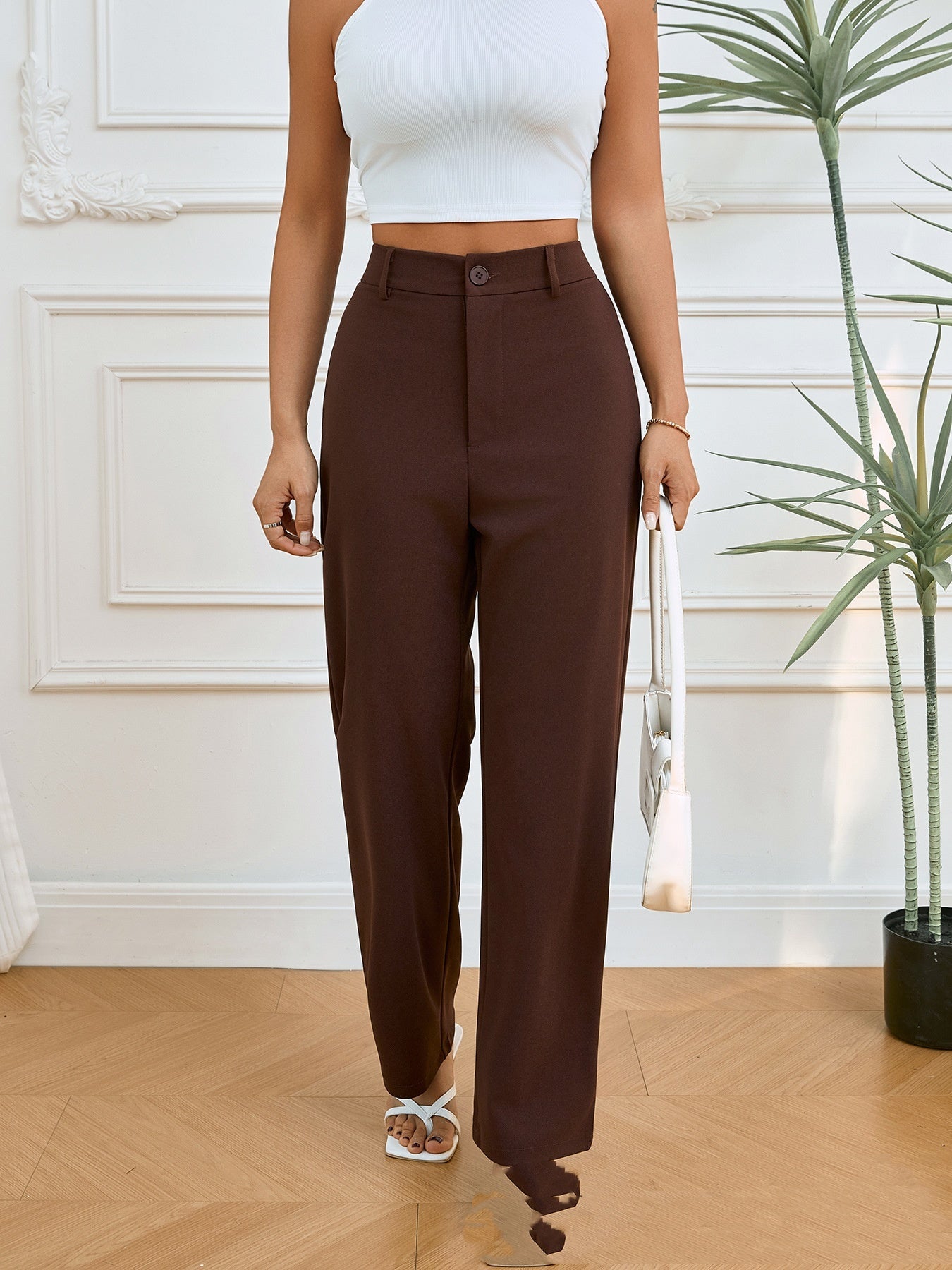 Spring And Autumn Solid Color Pocket Elastic Waist Pleated Casual Straight Pants