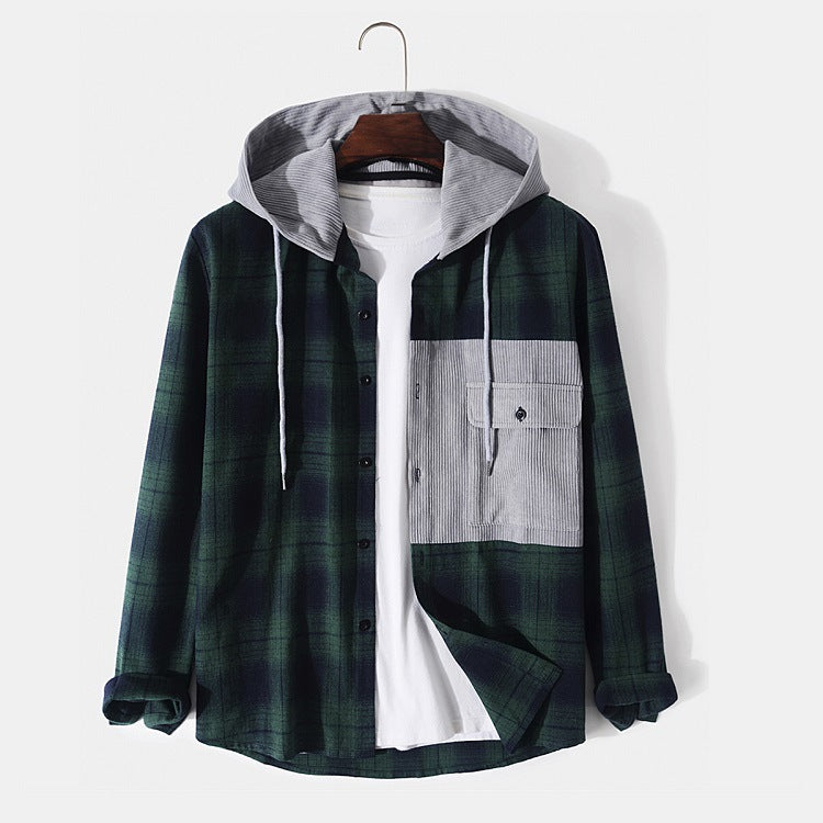 Casual Men's Jacket Plaid Hooded Long Sleeve