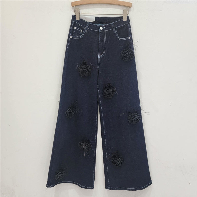 European And American Niche Three-dimensional Feather Rose Flower Jeans