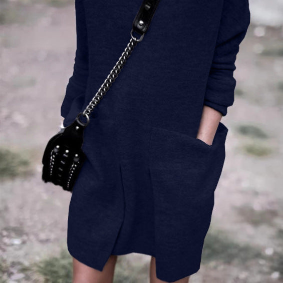 European And American New Autumn And Winter Fashion Round Neck Pocket Long Sleeve