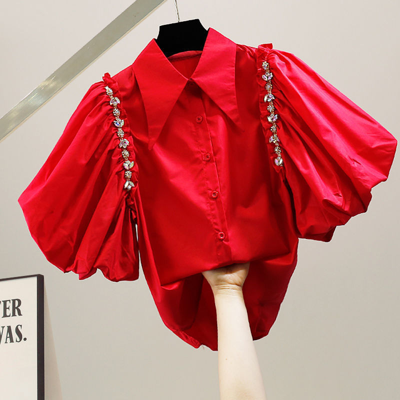 Diamond Decorated Sweet Big Bubble Sleeve Short Sleeve