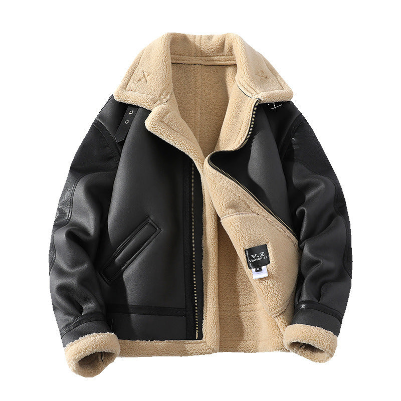 Winter Fleece-Lined Thickened Short Sheepskin Leather Coat Compact Warmth