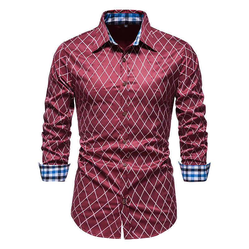 Diamond Check Contrast Color Long Sleeve Fashion Shirt