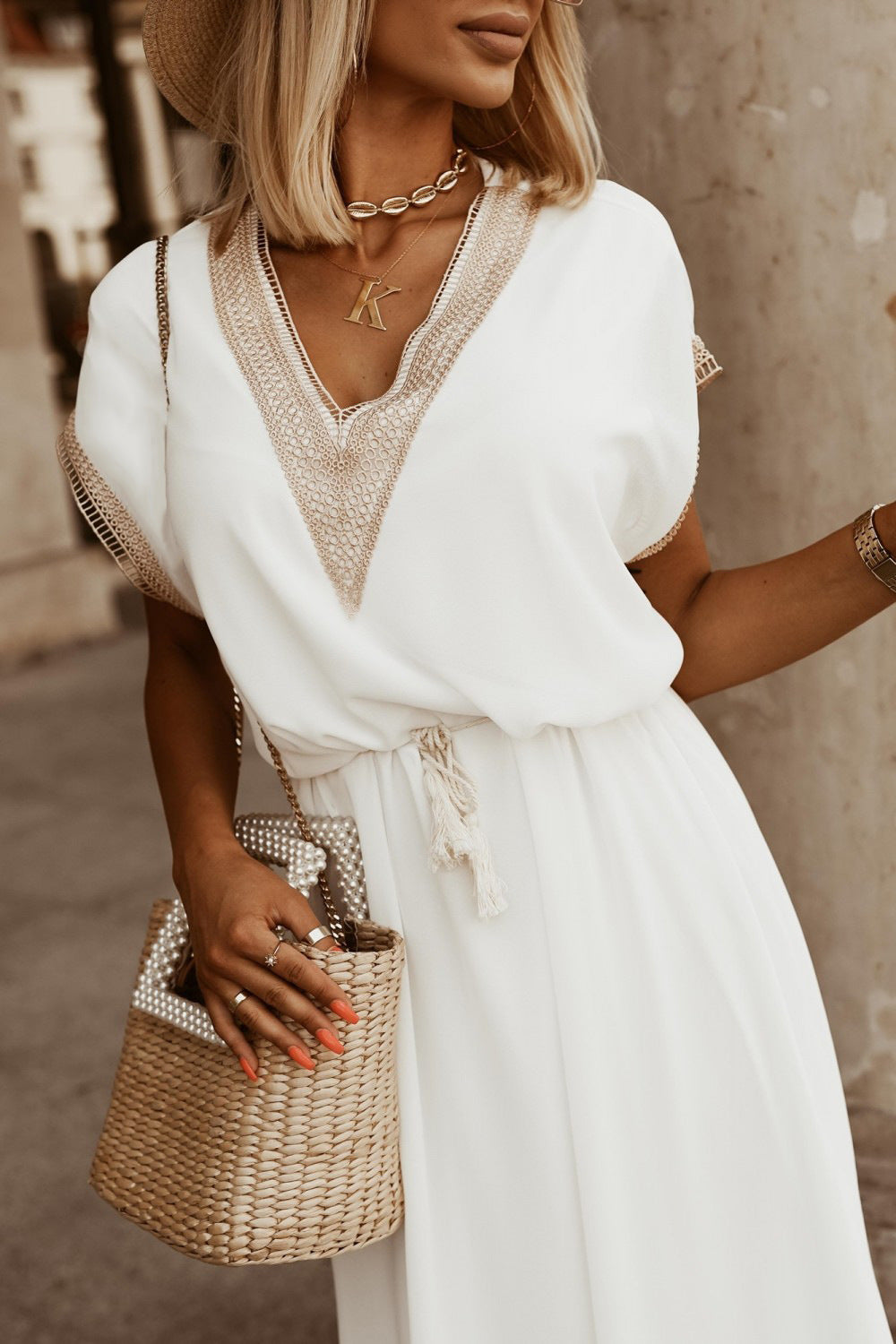 Ladies Fashion Lace Short Sleeve Long Dress