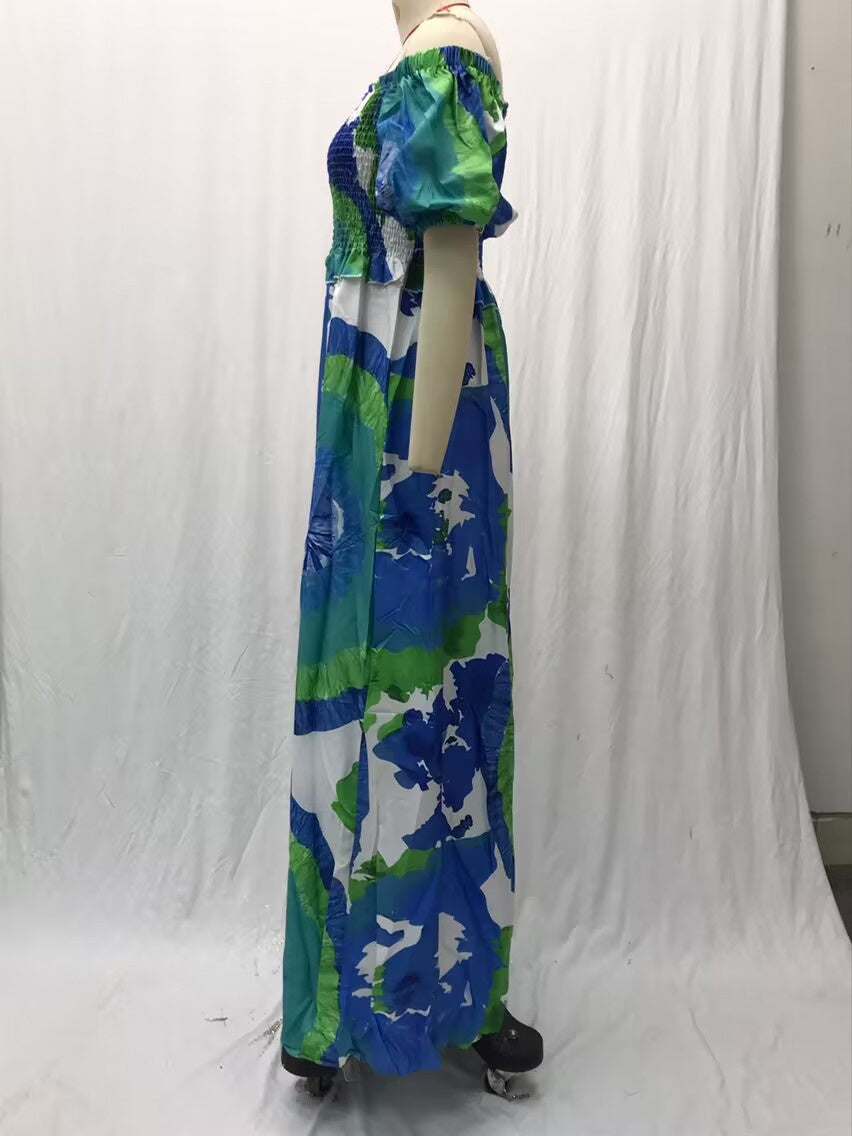 Women's Bubble Sleeve Printed Sexy Long Dress