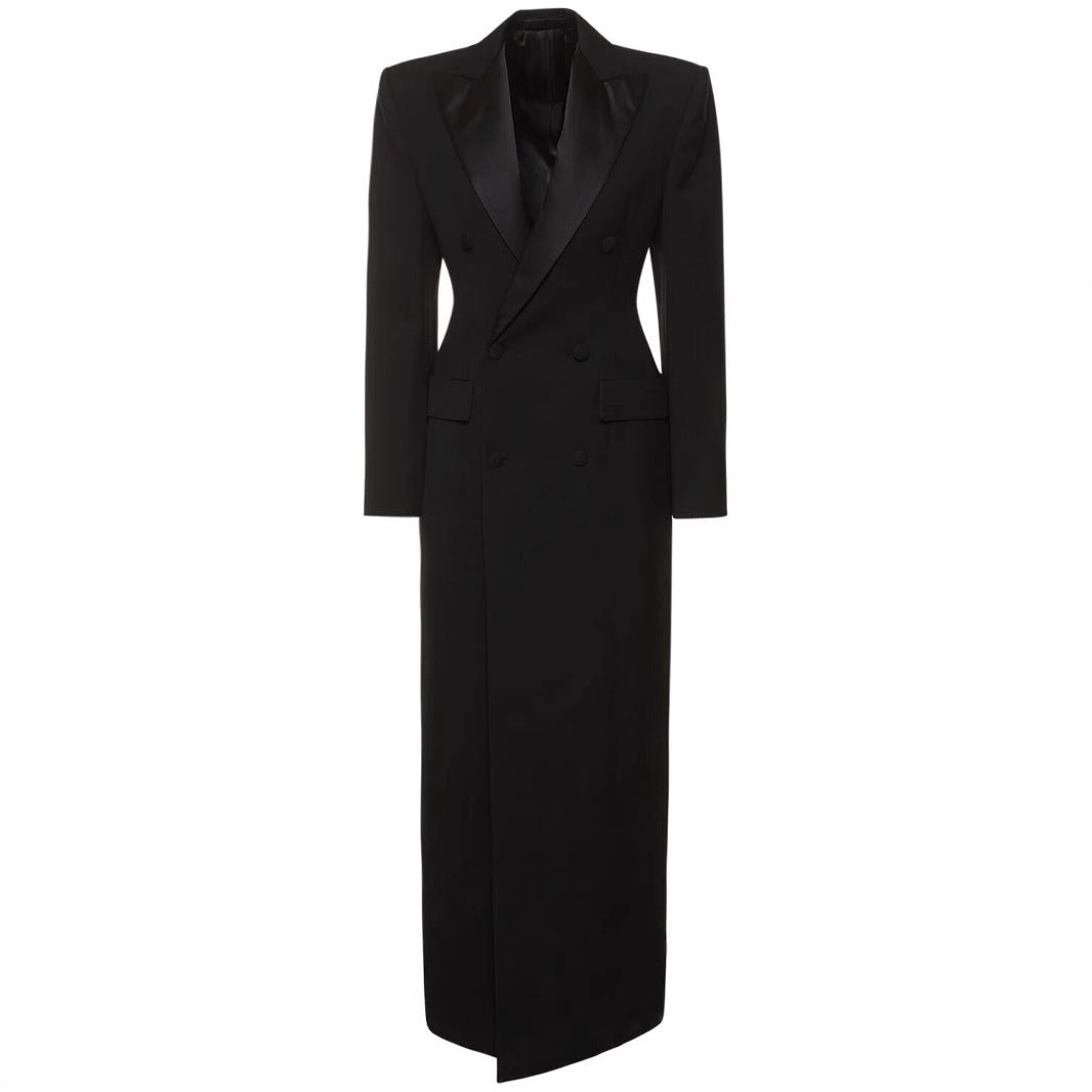Satin Inlaid Color Collar Double Breasted Black Suit Fashion Trench Coat