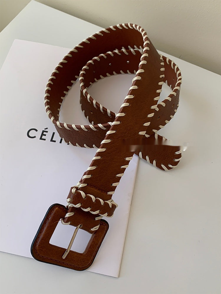 Brown PU Leather Wide Belt Women's Retro Fashion Woven