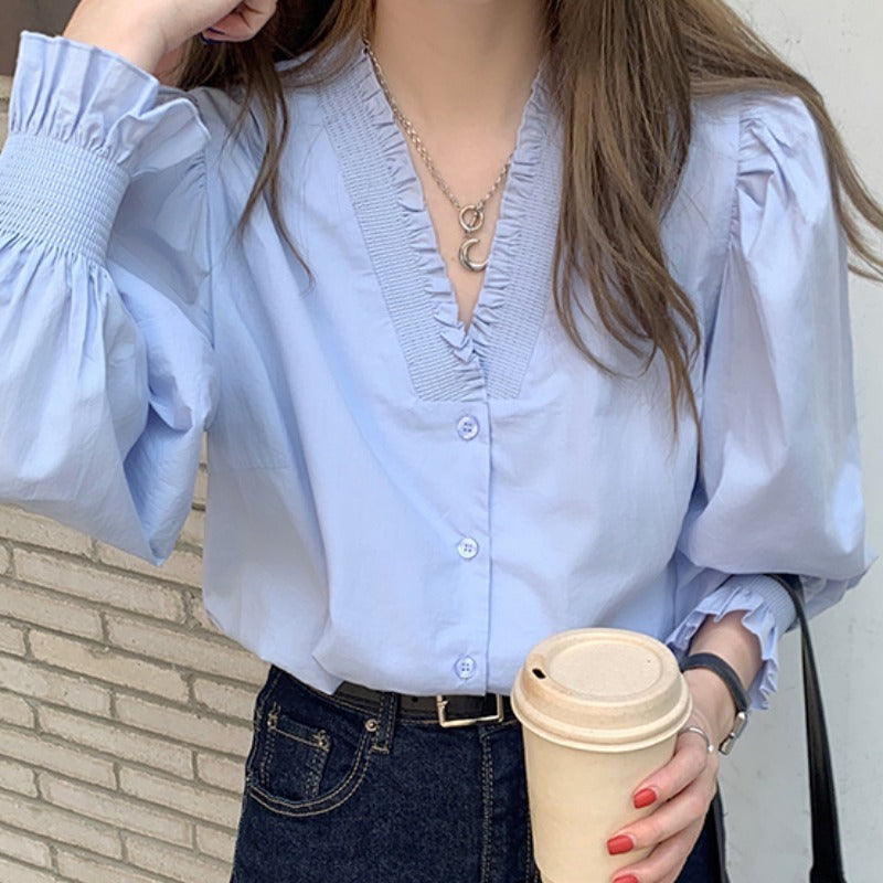 V Neck Pleated Fungus Trimmed Puff Sleeves