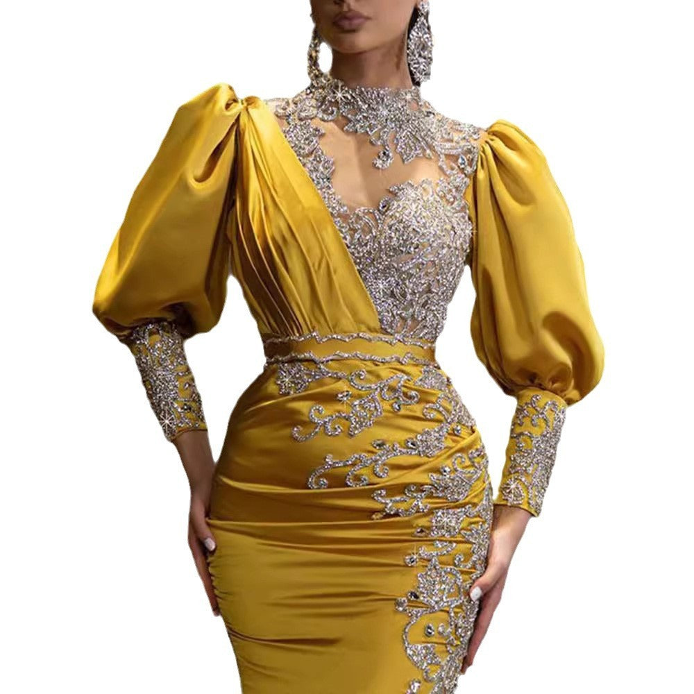 Gold Yarn Satin Sexy Trailing Dress For Women