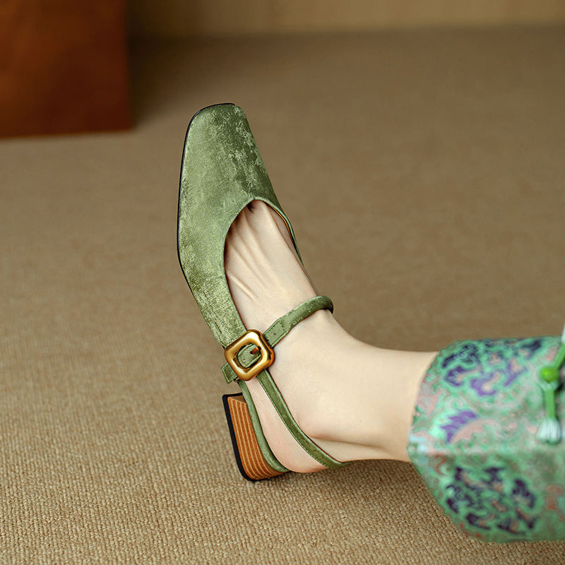 Retro Square Toe Chunky Heel Low-cut New Chinese Style Closed Toe Sandals