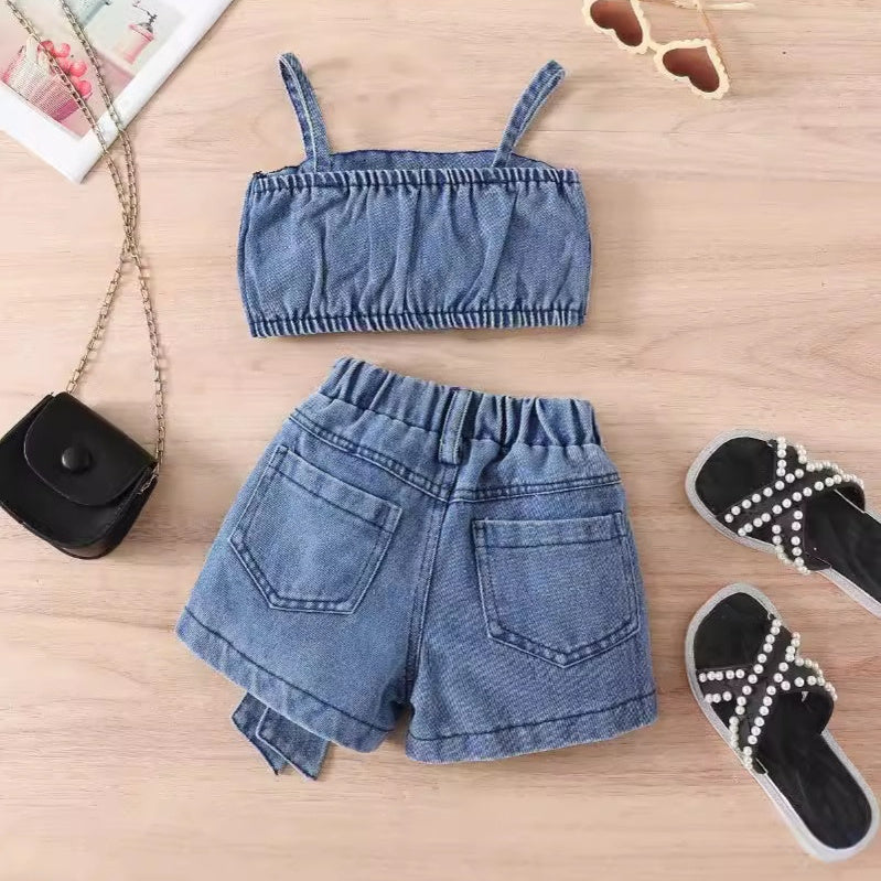 Girls' Retro Denim Bow Tube Top Shorts Suit