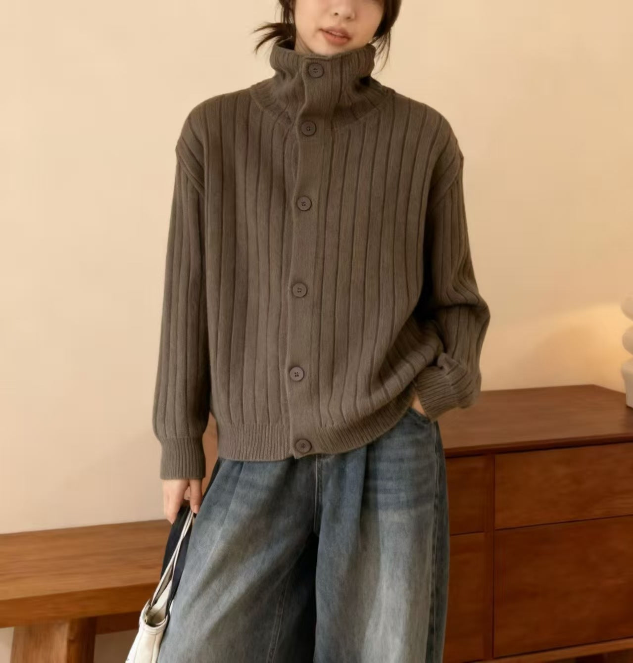 Vertical Single-breasted Turtleneck Knitting Idle Style Small Sweater