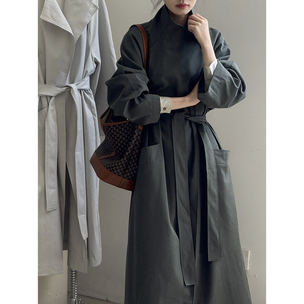 Retro Lapels One Button Mid-length Trench Coat Women's Belt Coat