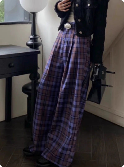 Hong Kong Style Retro Trendy Purple Plaid Casual Pants