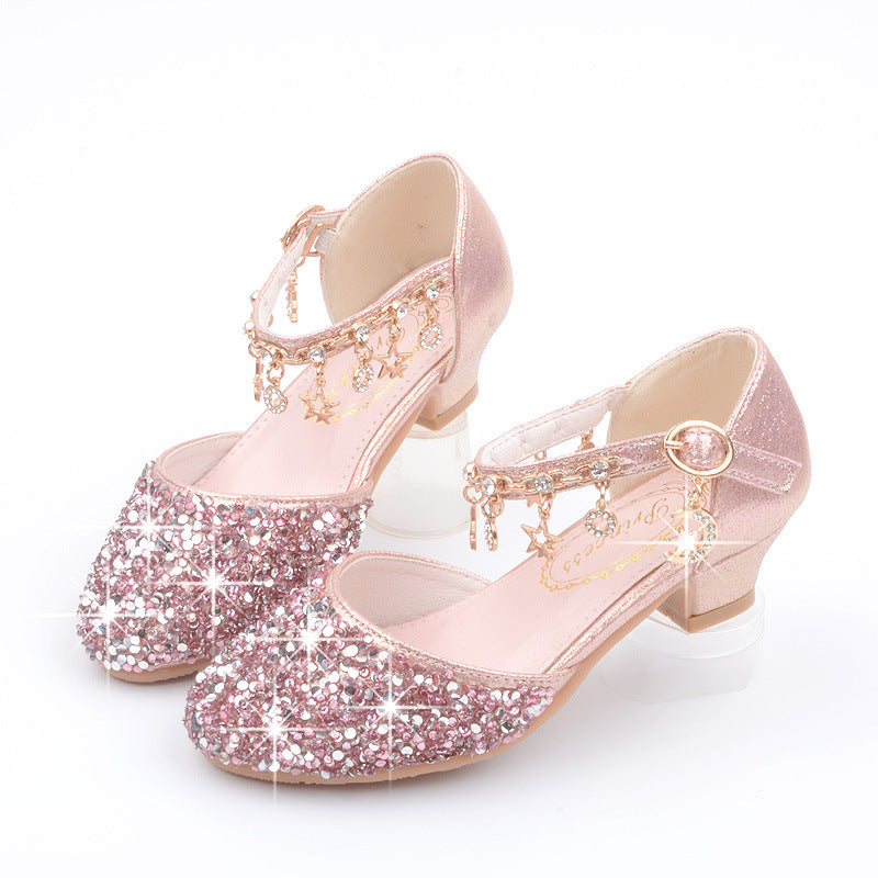 Girls High Heel Shoes Sequined Spring And Autumn Medium And Large Children Princess Sandals