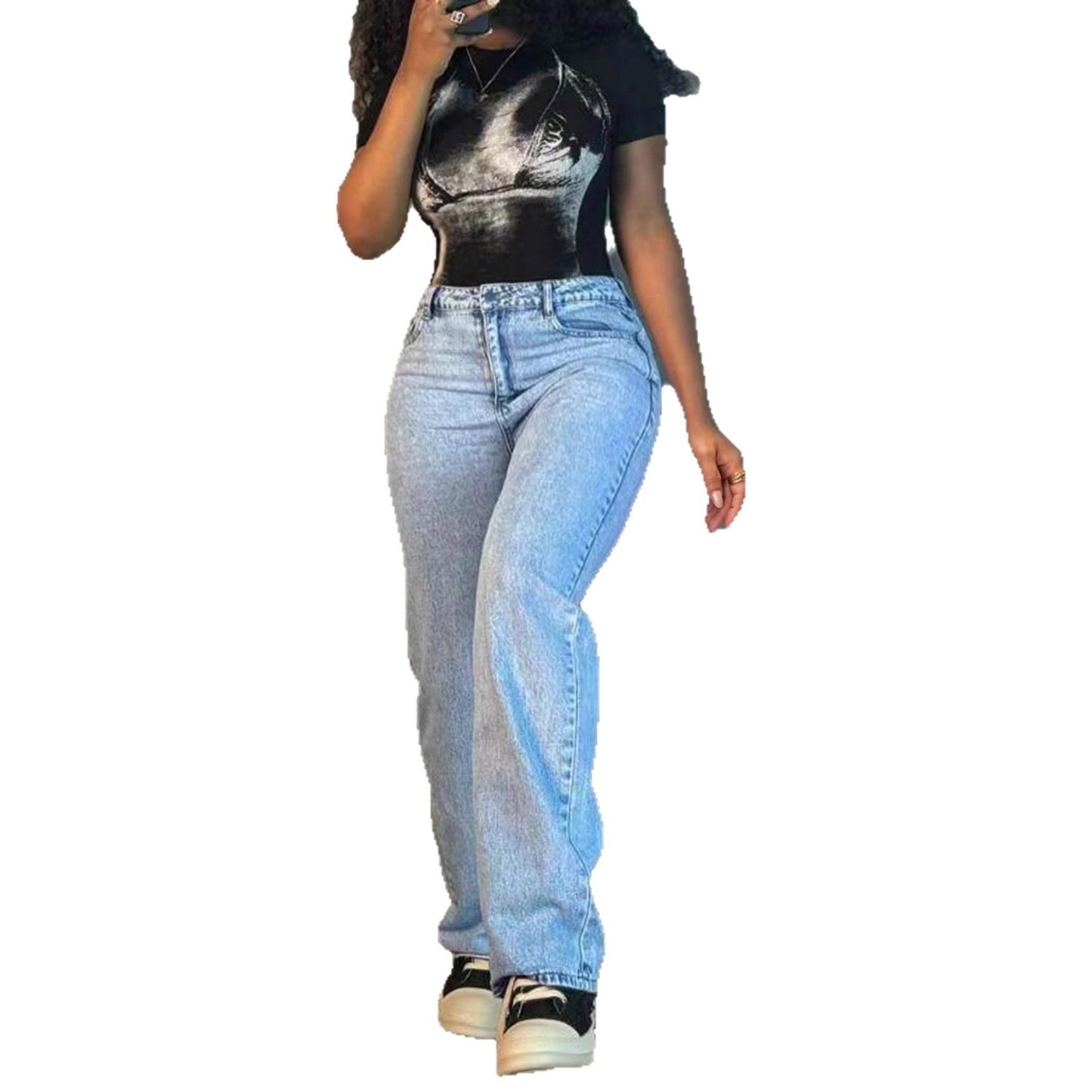 Fashionable All-match Simple Solid Color Elegant Elegant Straight Jeans For Women