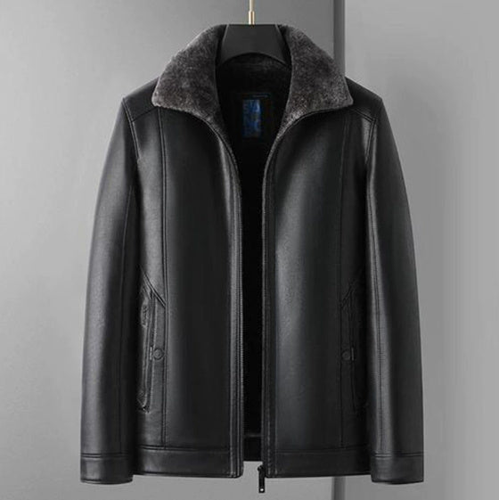 Fleece-Lined Mens Leather Stand Collar Coat Cozy Heritage Design
