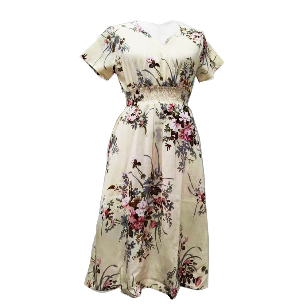 Ladies Printed V-Neck Short Sleeve Dress
