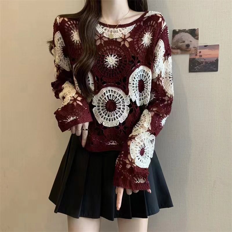 Hollow Crocheted Round Neck Long Sleeve Knitted Sweater
