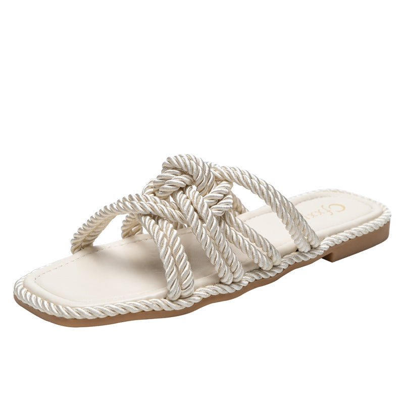 Hemp Rope Flat Sandals Women Casual Solid Color Square Toe Hollow Flat Heel Women Slippers