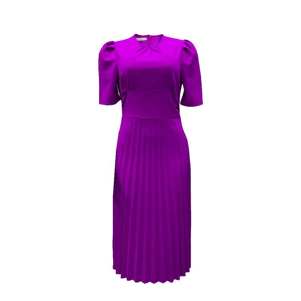 Ladies Short Sleeve Pleated Solid Color Dress