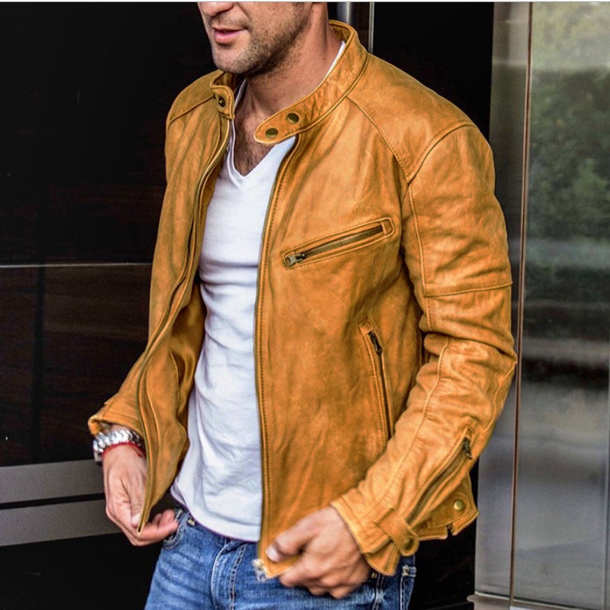 Fall Winter Men PU Leather Stand Collar Punk Rebellious Edge