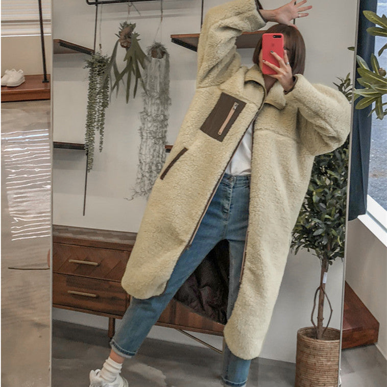 Stand Collar Color Matching Lambswool Two-sided Zipper Coat