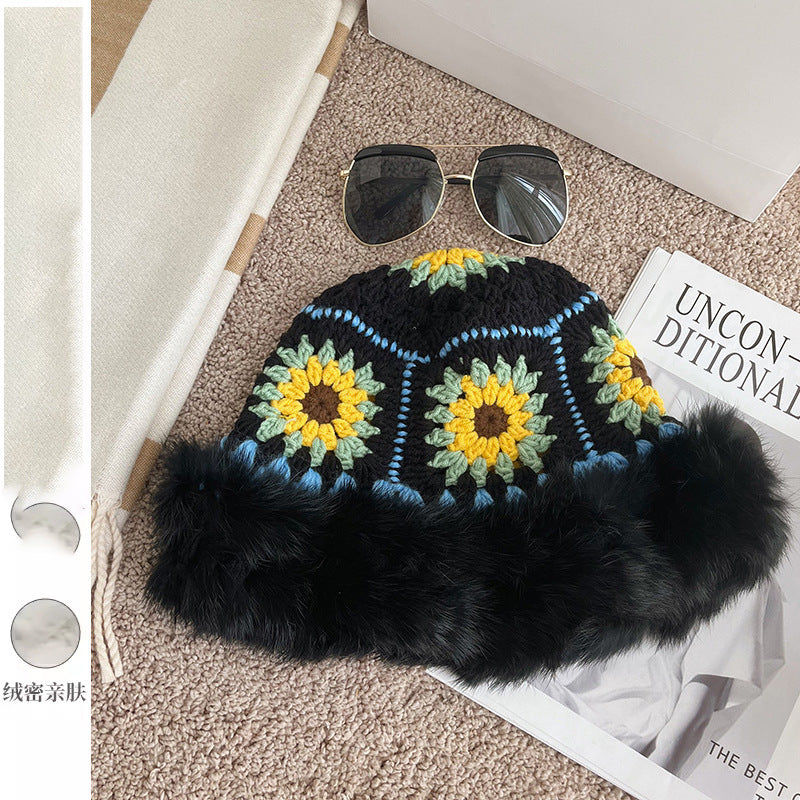 Rabbit Fur Knitted Warm-keeping And Cold-proof Handmade Crochet Bucket Hat