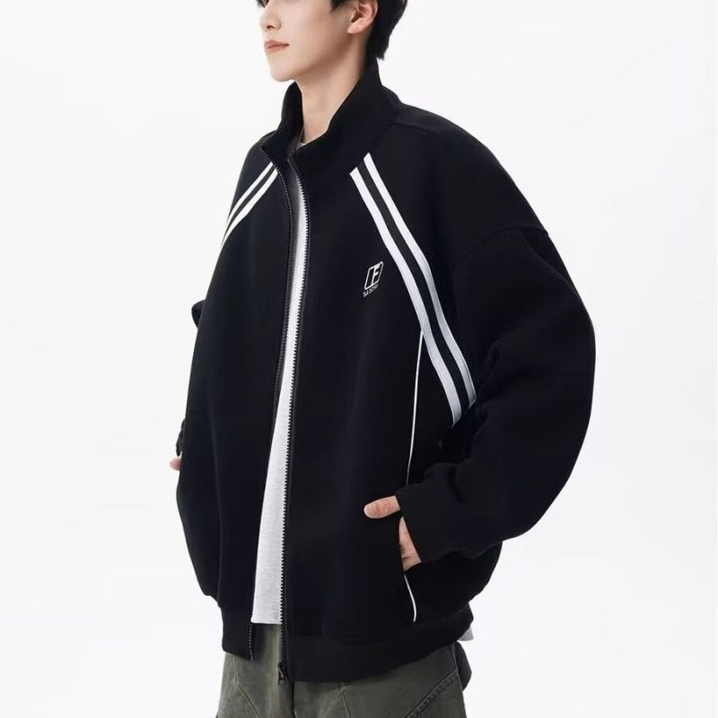 Stand Collar Color Block Stripe Loose Lazy American Style Jacket Bold Pattern Play