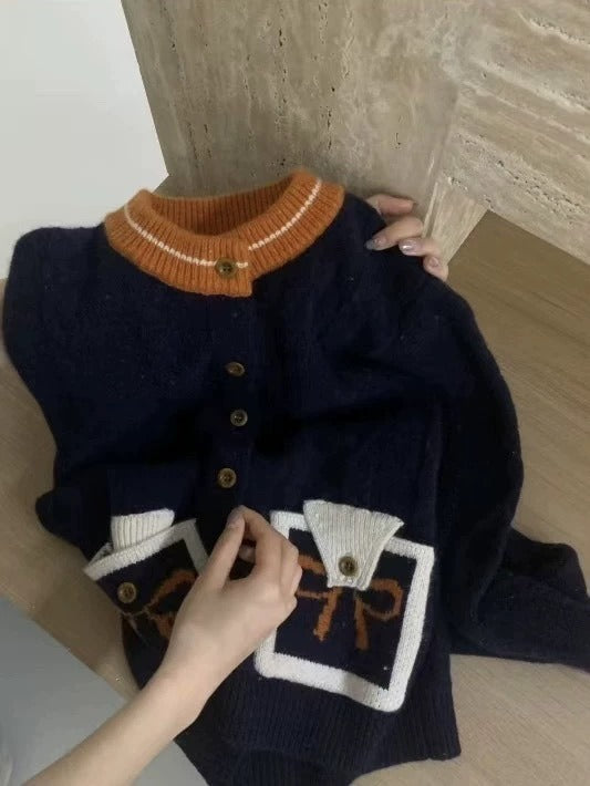 Contrast Color And Versatile Bow Pocket Sweater